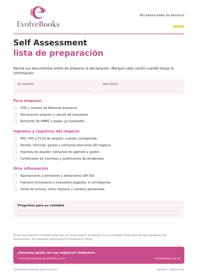Vista previa de Lista de preparación para Self Assessment